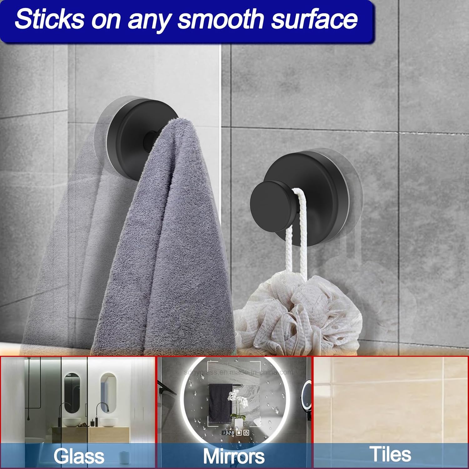 Bntuk Suction Cup Hooks for Shower. Removable Towel Hooks for Bathroom Window Glass Door Wall. Bath Robe Looafh Wreath Hook for Hanging - 2 Pack. Black | Glass Door Window. No Drill Robe Loofah Wreath Hook - 2 Pack. Black - Image 4