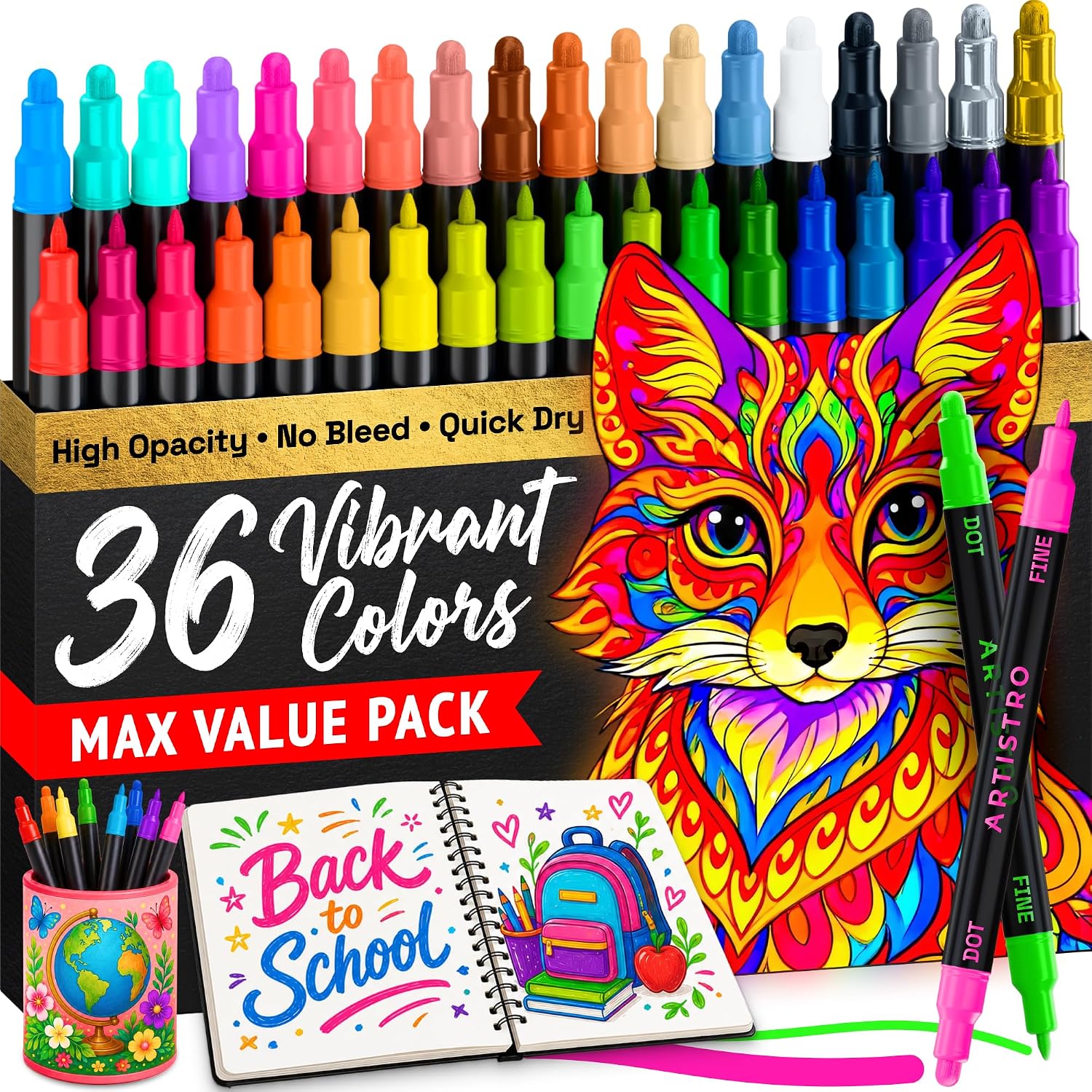 ARTISTRO Precision Dual-Tip Acrylic Paint Marker Pens - Set of 36 | Dot & Fine Tips for Fabric. Rock. Glass. Wood. & Coloring Books. Arts & Crafts Gift. Classroom Must Haves & School Supplies